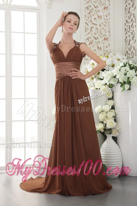 Brown Empire V-neck Brush Train Chiffon Beading Prom / Evening Dress
