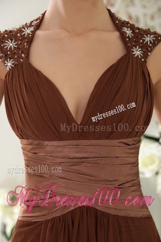 Brown Empire V-neck Brush Train Chiffon Beading Prom / Evening Dress