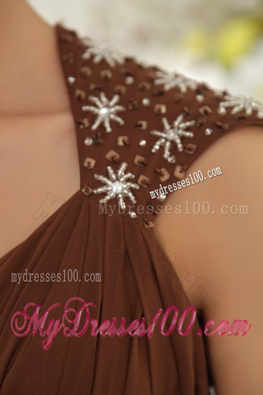 Brown Empire V-neck Brush Train Chiffon Beading Prom / Evening Dress