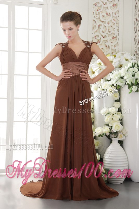 Brown Empire V-neck Brush Train Chiffon Beading Prom / Evening Dress