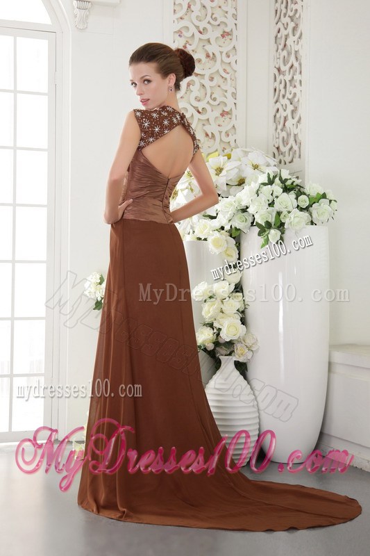 Brown Empire V-neck Brush Train Chiffon Beading Prom / Evening Dress