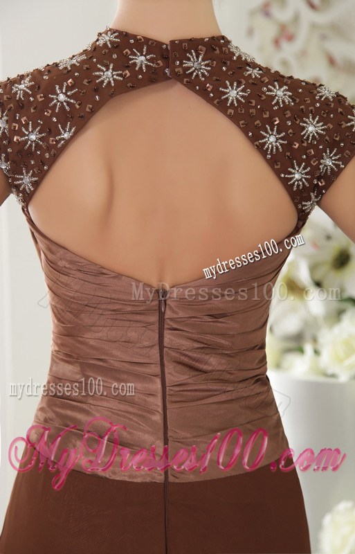 Brown Empire V-neck Brush Train Chiffon Beading Prom / Evening Dress