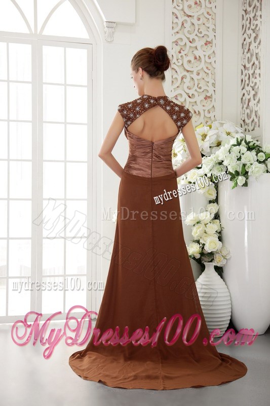 Brown Empire V-neck Brush Train Chiffon Beading Prom / Evening Dress