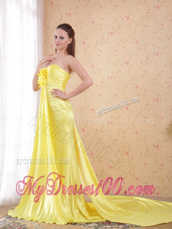 Light Yellow Column/Sheath Sweetheart Watteau Train Elastic Woven Satin Beading Prom Dress