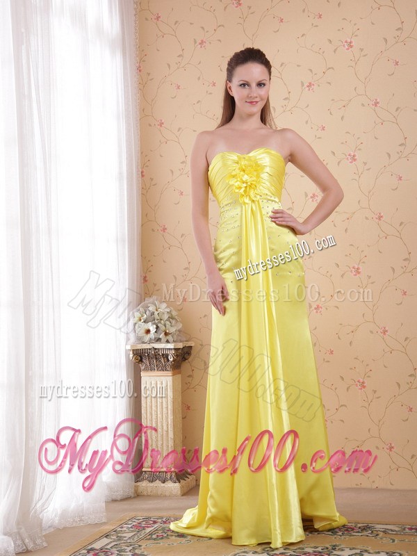 Light Yellow Column/Sheath Sweetheart Watteau Train Elastic Woven Satin Beading Prom Dress