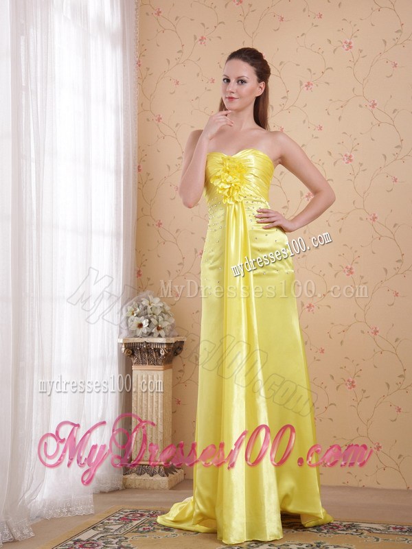Light Yellow Column/Sheath Sweetheart Watteau Train Elastic Woven Satin Beading Prom Dress