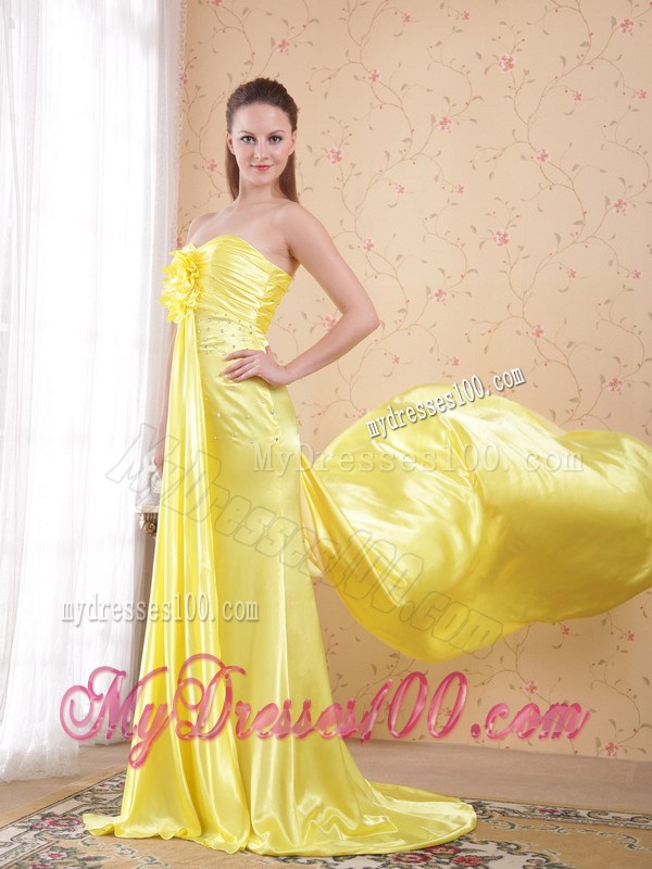 Light Yellow Column/Sheath Sweetheart Watteau Train Elastic Woven Satin Beading Prom Dress