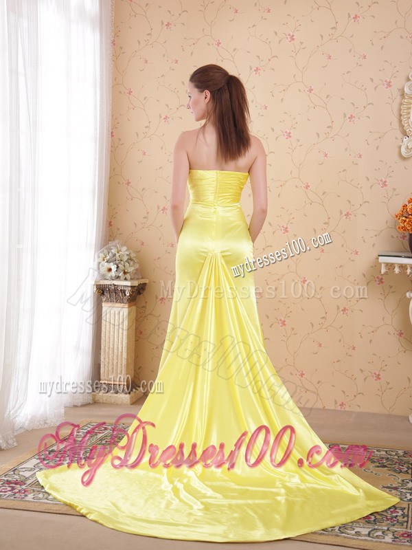 Light Yellow Column/Sheath Sweetheart Watteau Train Elastic Woven Satin Beading Prom Dress