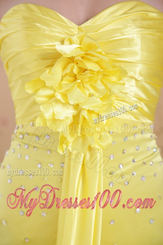 Light Yellow Column/Sheath Sweetheart Watteau Train Elastic Woven Satin Beading Prom Dress