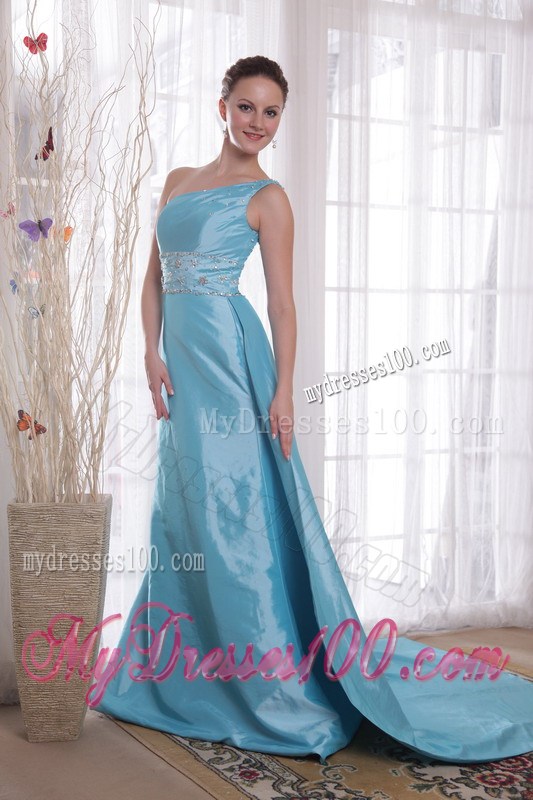 Baby Blue One Shoulder Watteau Train Beading Prom Evening Dress 2013