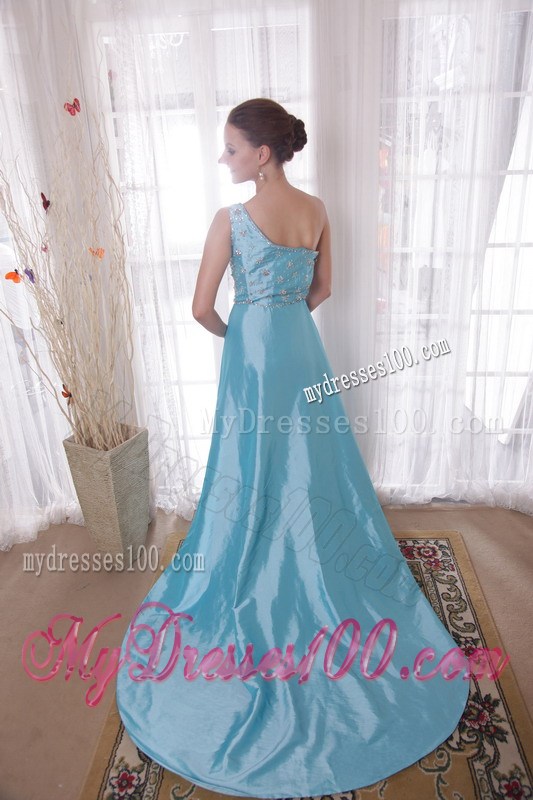 Baby Blue One Shoulder Watteau Train Beading Prom Evening Dress 2013