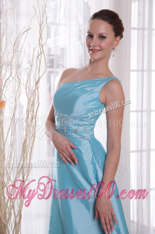 Baby Blue One Shoulder Watteau Train Beading Prom Evening Dress 2013