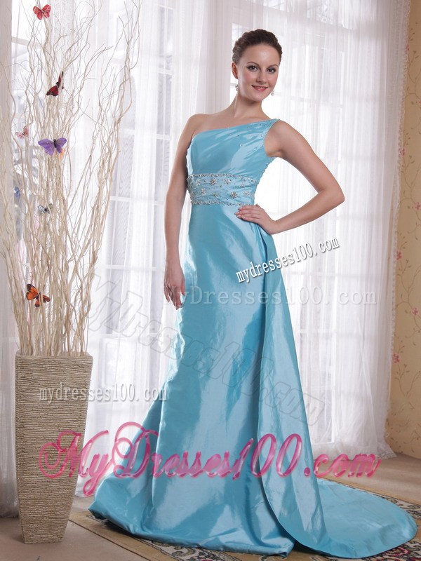 Baby Blue One Shoulder Watteau Train Beading Prom Evening Dress 2013