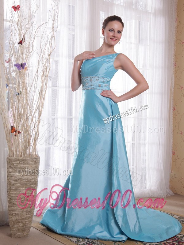 Baby Blue One Shoulder Watteau Train Beading Prom Evening Dress 2013
