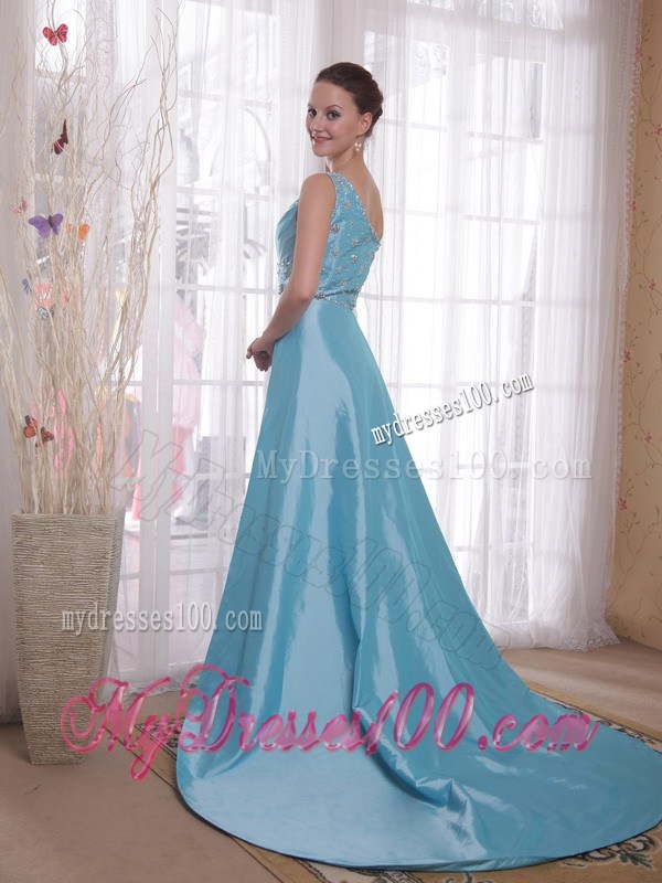 Baby Blue One Shoulder Watteau Train Beading Prom Evening Dress 2013