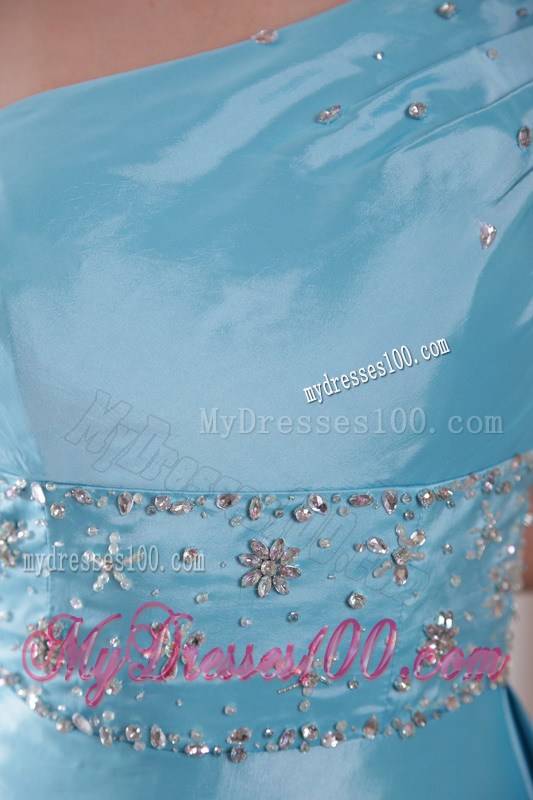 Baby Blue One Shoulder Watteau Train Beading Prom Evening Dress 2013