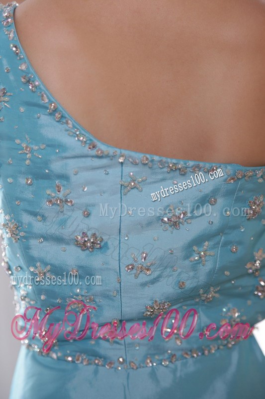 Baby Blue One Shoulder Watteau Train Beading Prom Evening Dress 2013