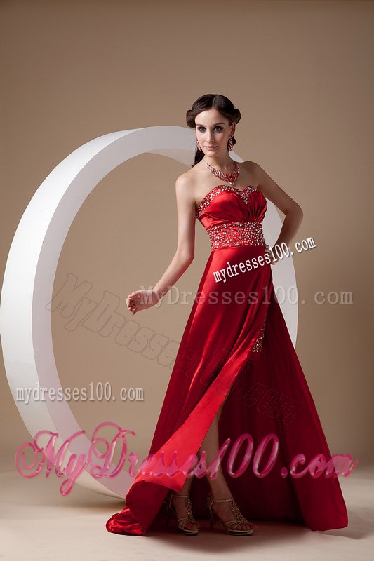 Sexy Wine Red Evening Dress Column Sweetheart Beading Brush Train