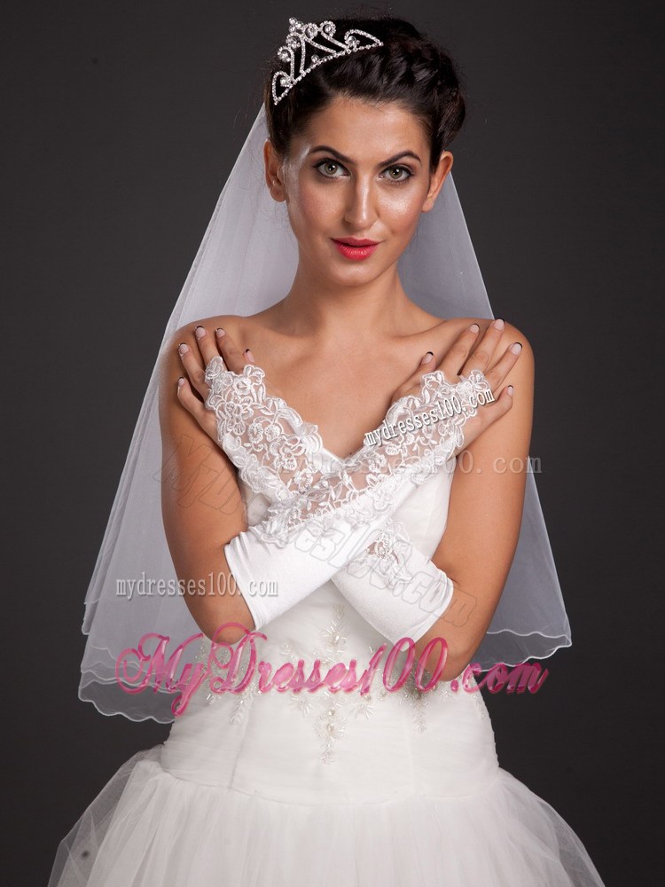 Chic Satin Elbow Length Fingerless Appliques Bridal Gloves