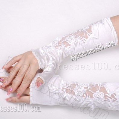 Elegant Satin Fingerless Elbow Length Bridal Gloves With Lace Appliques