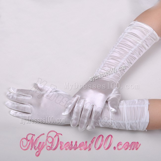 Lycra Fingertips Elbow Length Bridal Gloves With Ruching