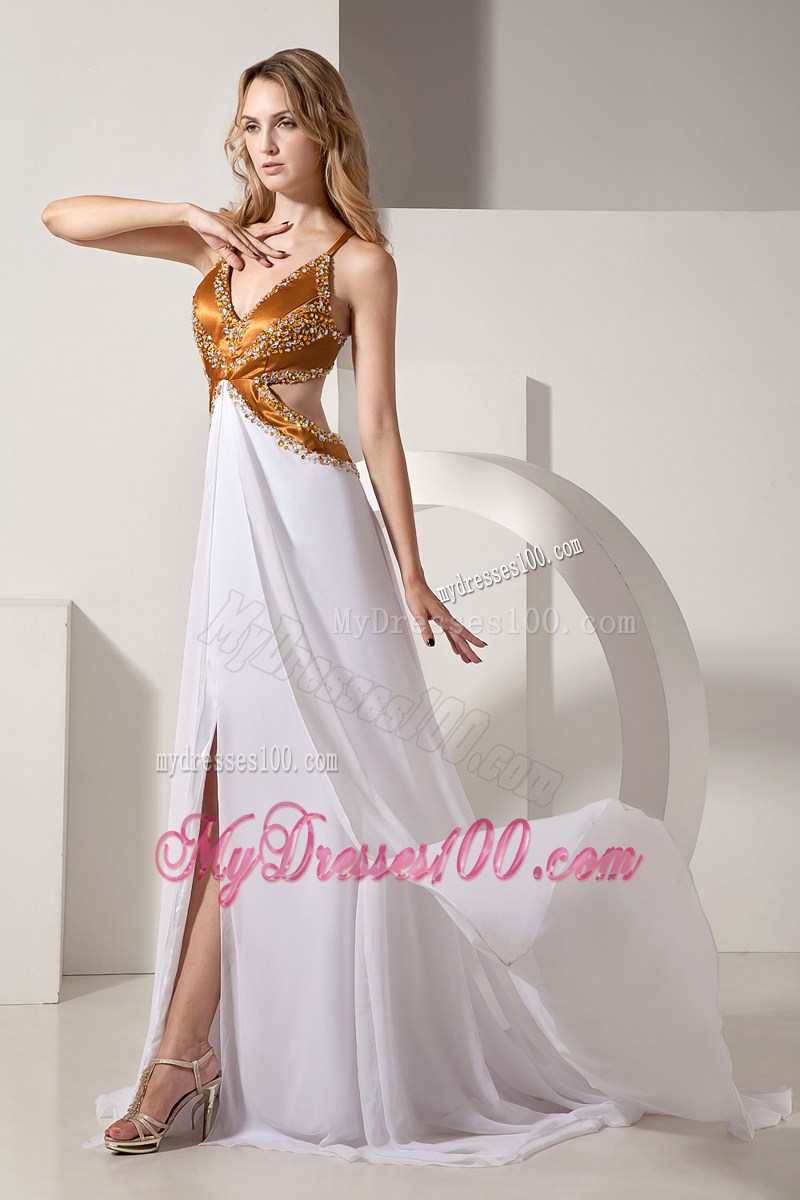 White V-neck Beading Celebrity Dresses with Appliques High Slit