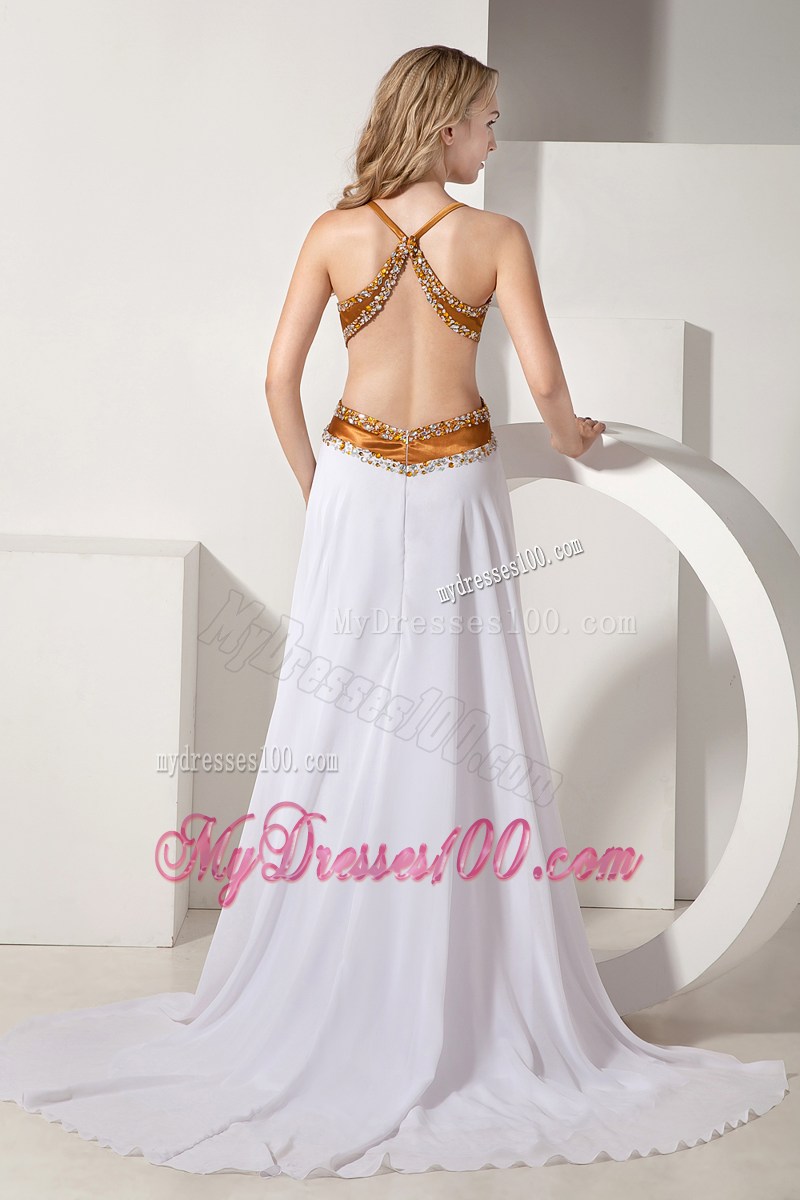White V-neck Beading Celebrity Dresses with Appliques High Slit