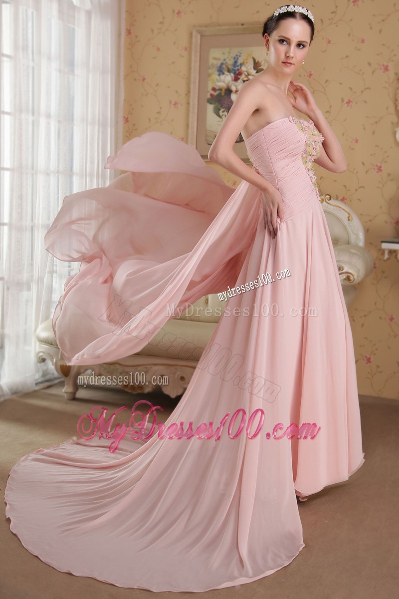 Baby Pink Strapless Beading and Hand Flowers Celebrity Dresses