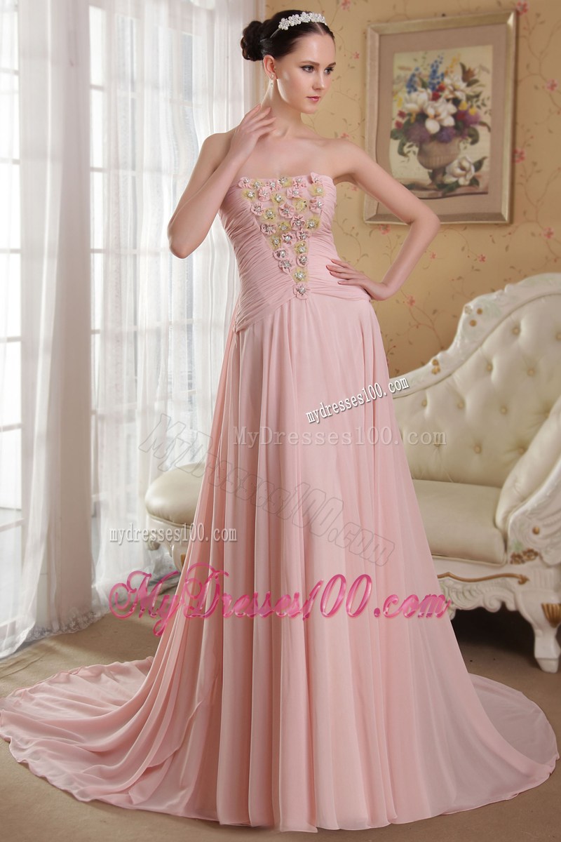 Baby Pink Strapless Beading and Hand Flowers Celebrity Dresses