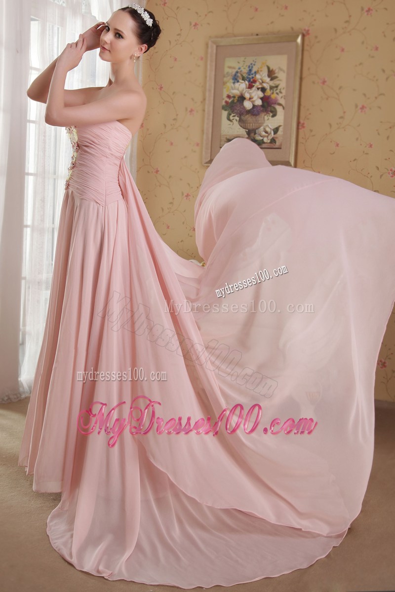 Baby Pink Strapless Beading and Hand Flowers Celebrity Dresses