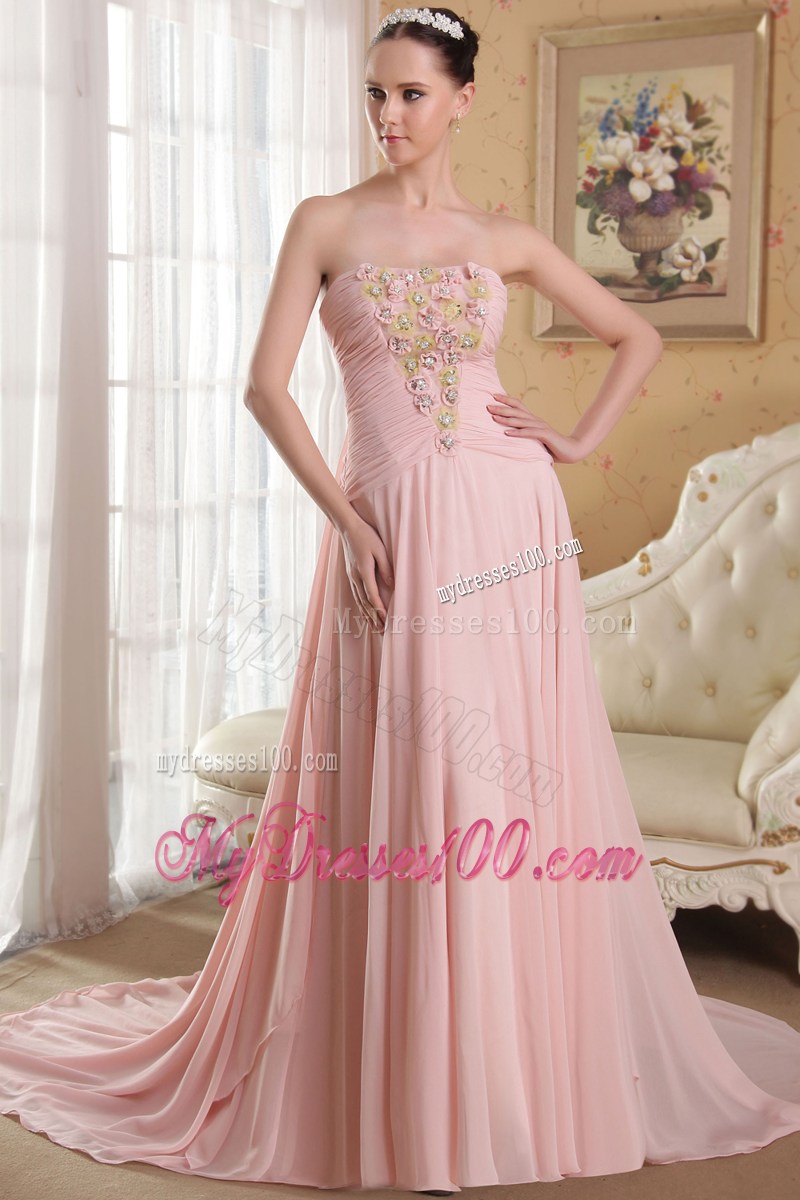 Baby Pink Strapless Beading and Hand Flowers Celebrity Dresses