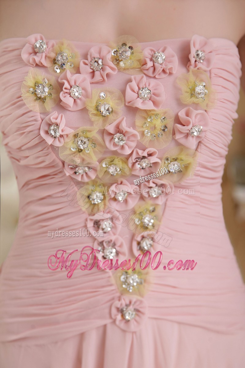 Baby Pink Strapless Beading and Hand Flowers Celebrity Dresses