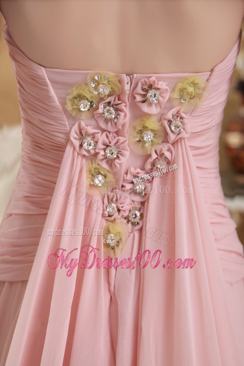 Baby Pink Strapless Beading and Hand Flowers Celebrity Dresses