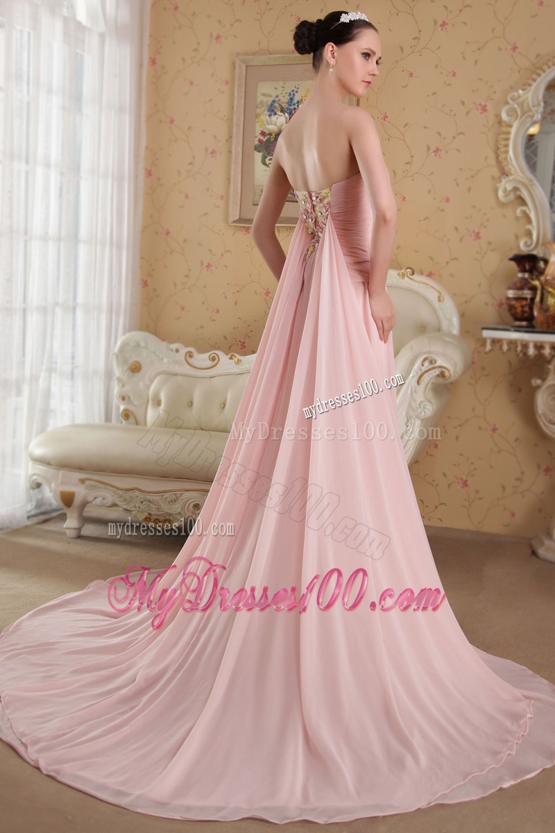 Baby Pink Strapless Beading and Hand Flowers Celebrity Dresses