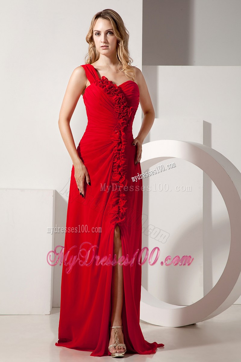 Red Empire One Shoulder Hand Made Flowers Celebrity Dresses