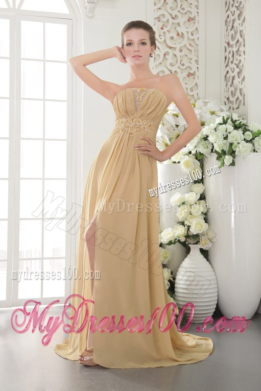 Gold Strapless Brush Train Appliques and Ruched Celebrity Dresses