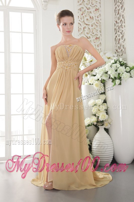 Gold Strapless Brush Train Appliques and Ruched Celebrity Dresses