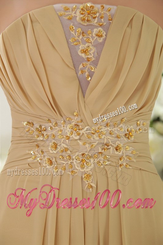 Gold Strapless Brush Train Appliques and Ruched Celebrity Dresses