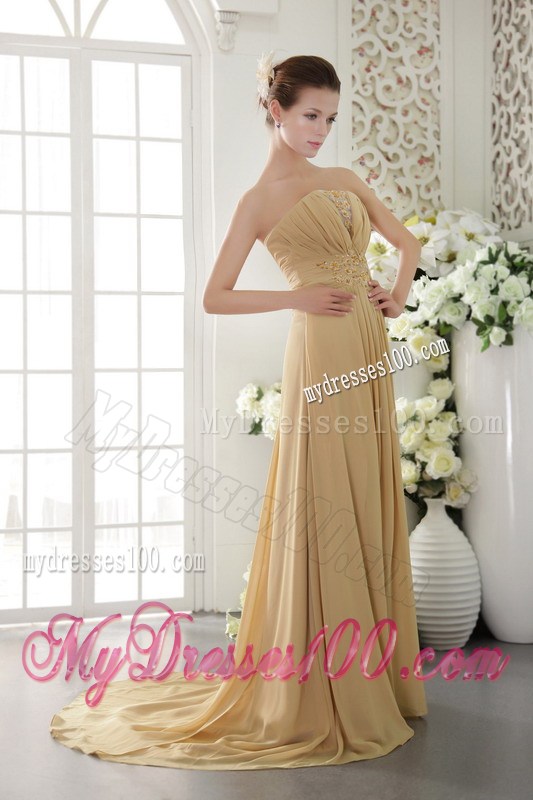 Gold Strapless Brush Train Appliques and Ruched Celebrity Dresses