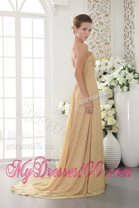 Gold Strapless Brush Train Appliques and Ruched Celebrity Dresses