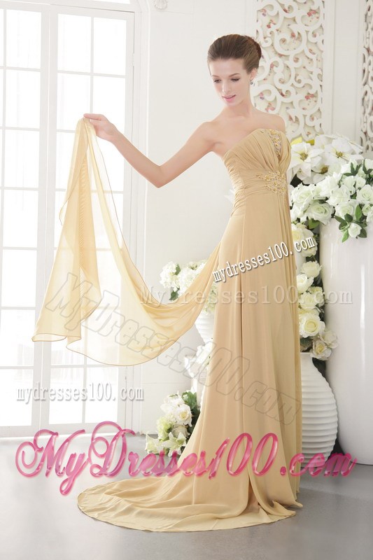 Gold Strapless Brush Train Appliques and Ruched Celebrity Dresses