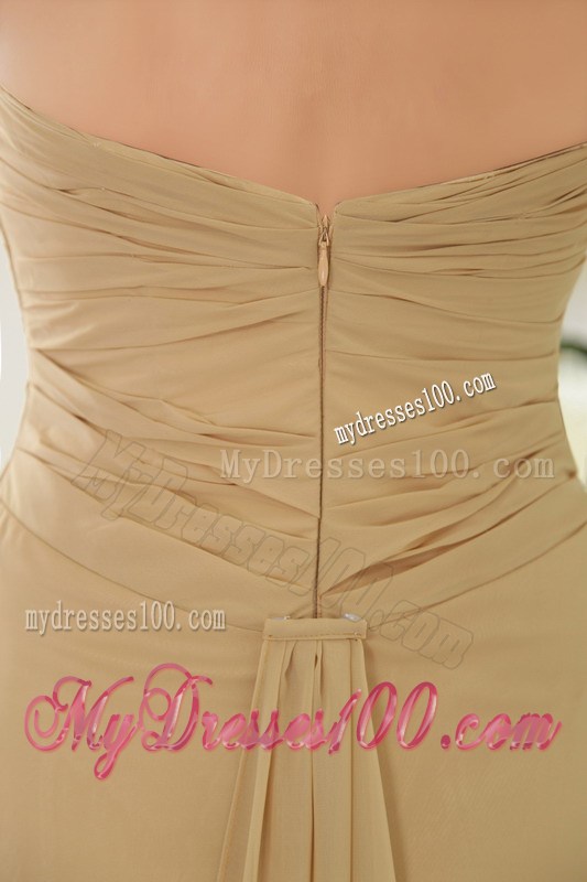 Gold Strapless Brush Train Appliques and Ruched Celebrity Dresses