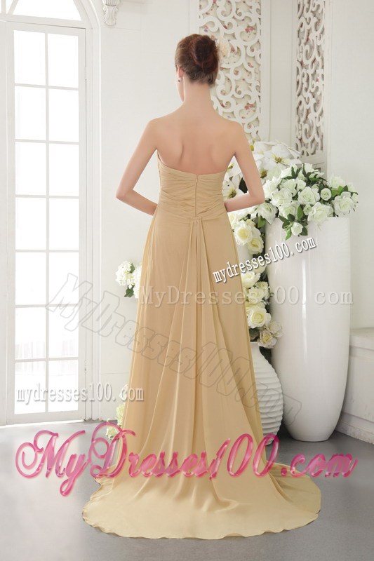 Gold Strapless Brush Train Appliques and Ruched Celebrity Dresses