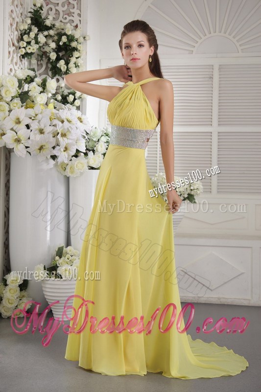 Yellow Empire Halter Beading and Ruched Celebrity Dresses 2013