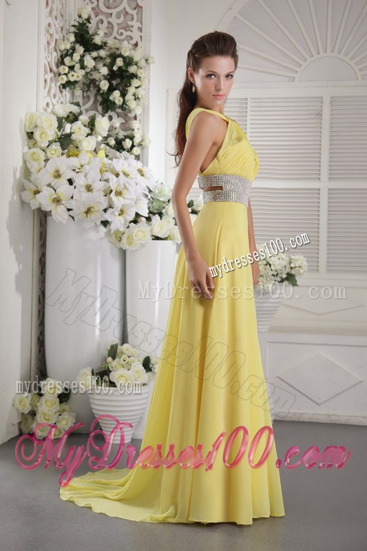 Yellow Empire Halter Beading and Ruched Celebrity Dresses 2013