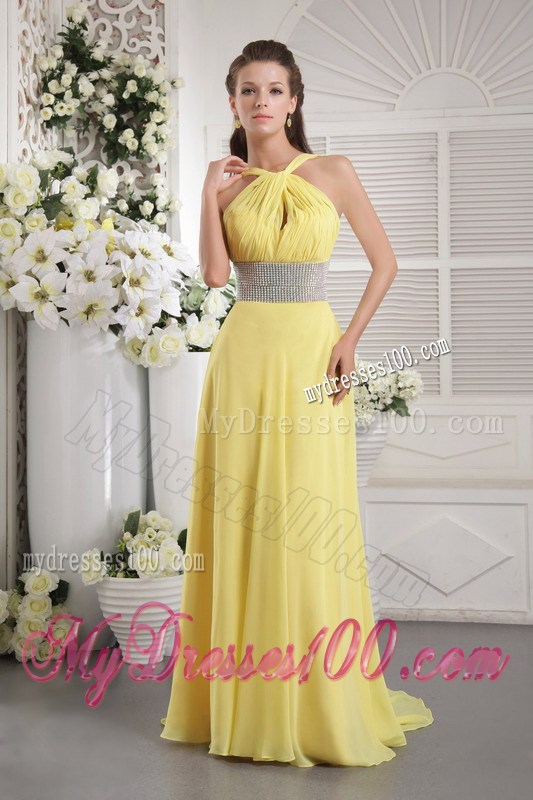 Yellow Empire Halter Beading and Ruched Celebrity Dresses 2013