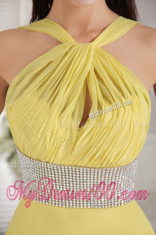 Yellow Empire Halter Beading and Ruched Celebrity Dresses 2013