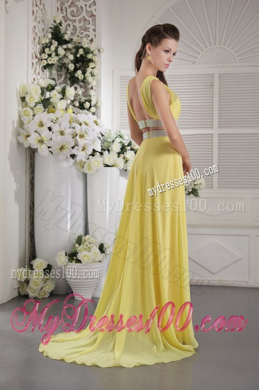 Yellow Empire Halter Beading and Ruched Celebrity Dresses 2013