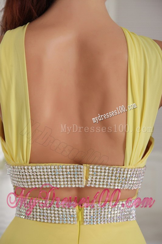 Yellow Empire Halter Beading and Ruched Celebrity Dresses 2013