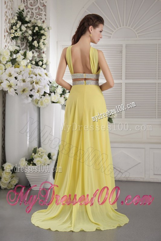 Yellow Empire Halter Beading and Ruched Celebrity Dresses 2013